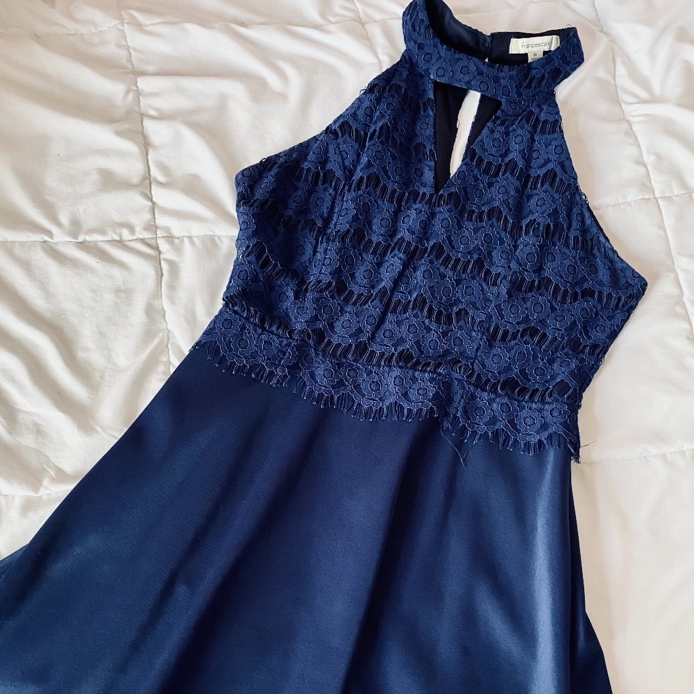 FRANCESCA'S Navy Halter Dress with Lace